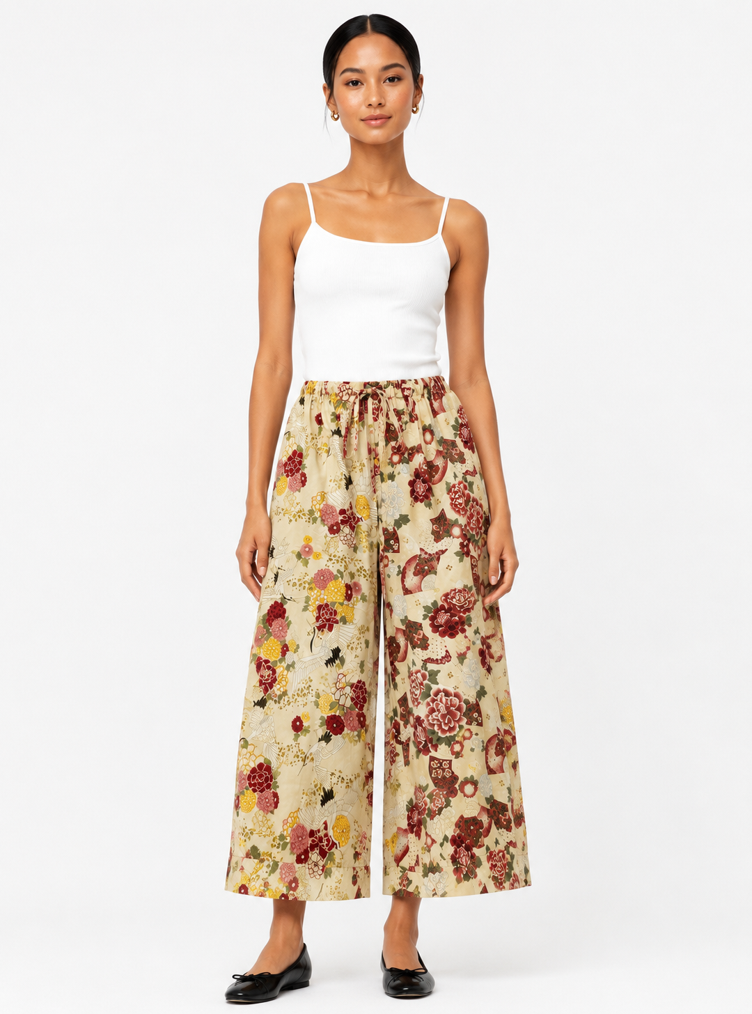 Japanese Print Wide-Leg Pants